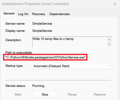 Windows Simple Service Properties