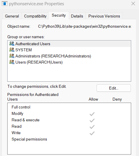 Windows Simple Service Executable Permissions